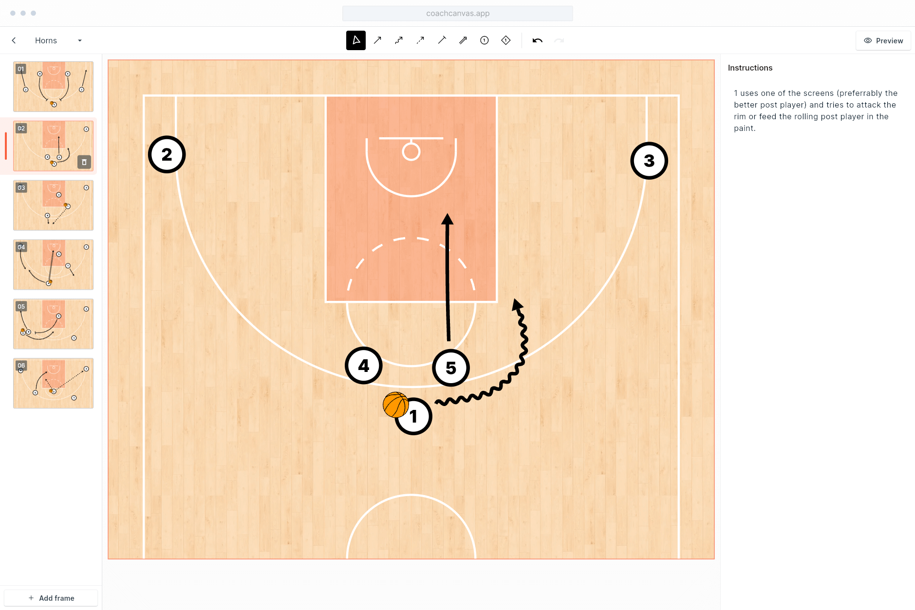 Basketball play diagram being drawn in the CoachCanvas playbook editor