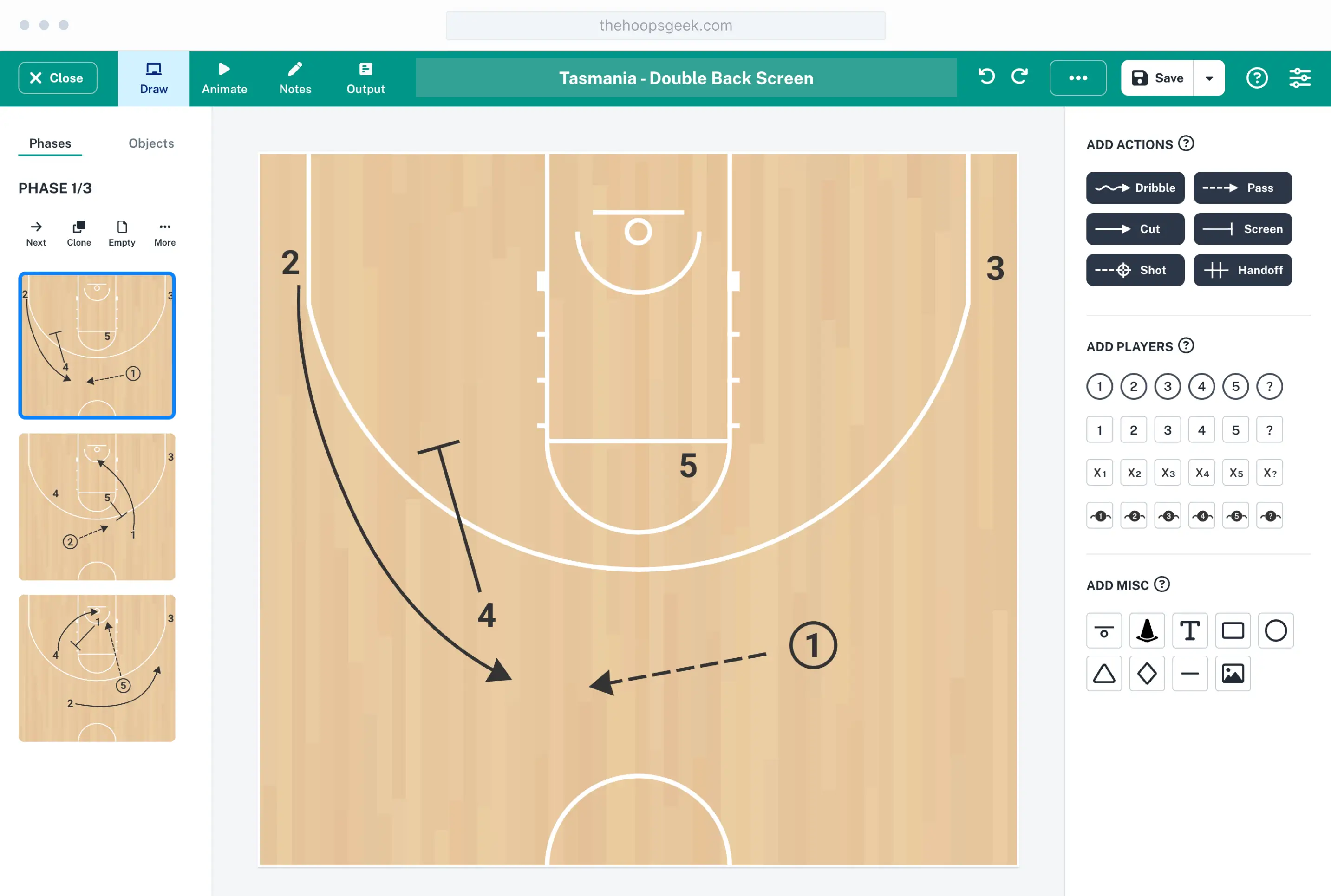A basketball play in The Hoops Geek editor